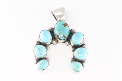 Native America Navajo Sterling Silver Kingman Turquoise Naja Pendant By Augustine Largo.