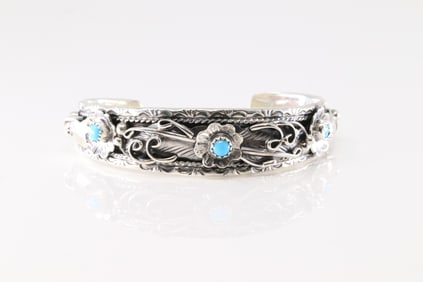 Native America Navajo Sterling Silver Turquoise Bracelet Floral By Bessie Joe.