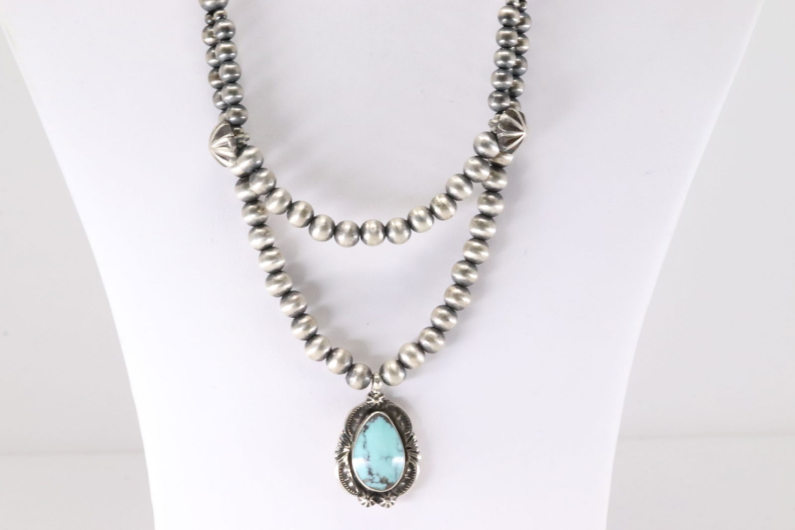 Native America Navajo Sterling Silver Double Strand Pearl Beaded Turqoise Necklace By Lucinda Sardo. (1 of 4)