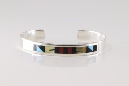 Native America Zuni Sterling Silver Multi-Color Stoe Inlay Bracelet Cuff By Leander Othole.