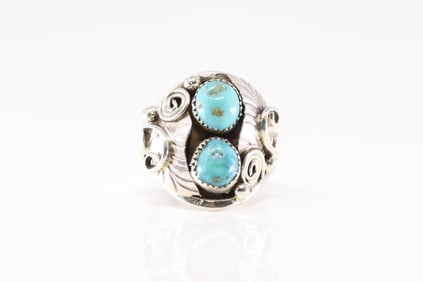 Native America Navajo Sterling Silver Turquoise Ring 2 Stone By B.