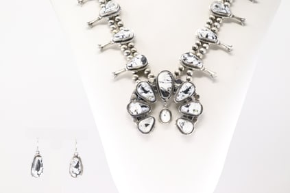 Native America Navajo Sterling Silver White Buffalo Squash Blossom Necklace & Earring's By Thomas