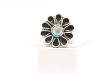 Native America Navajo Sterling Silver Turquoise Floral Ring By Geraldine James.