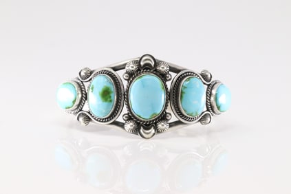 Native America Navajo Sterling Silver Sonora Gold Turquoise Bracelet Cuff By Derrick G.