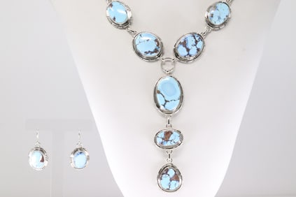 Native America Navajo Sterling Silver Golde Hill Turquoise Necklace & Earring's Set By Rick Tolino.