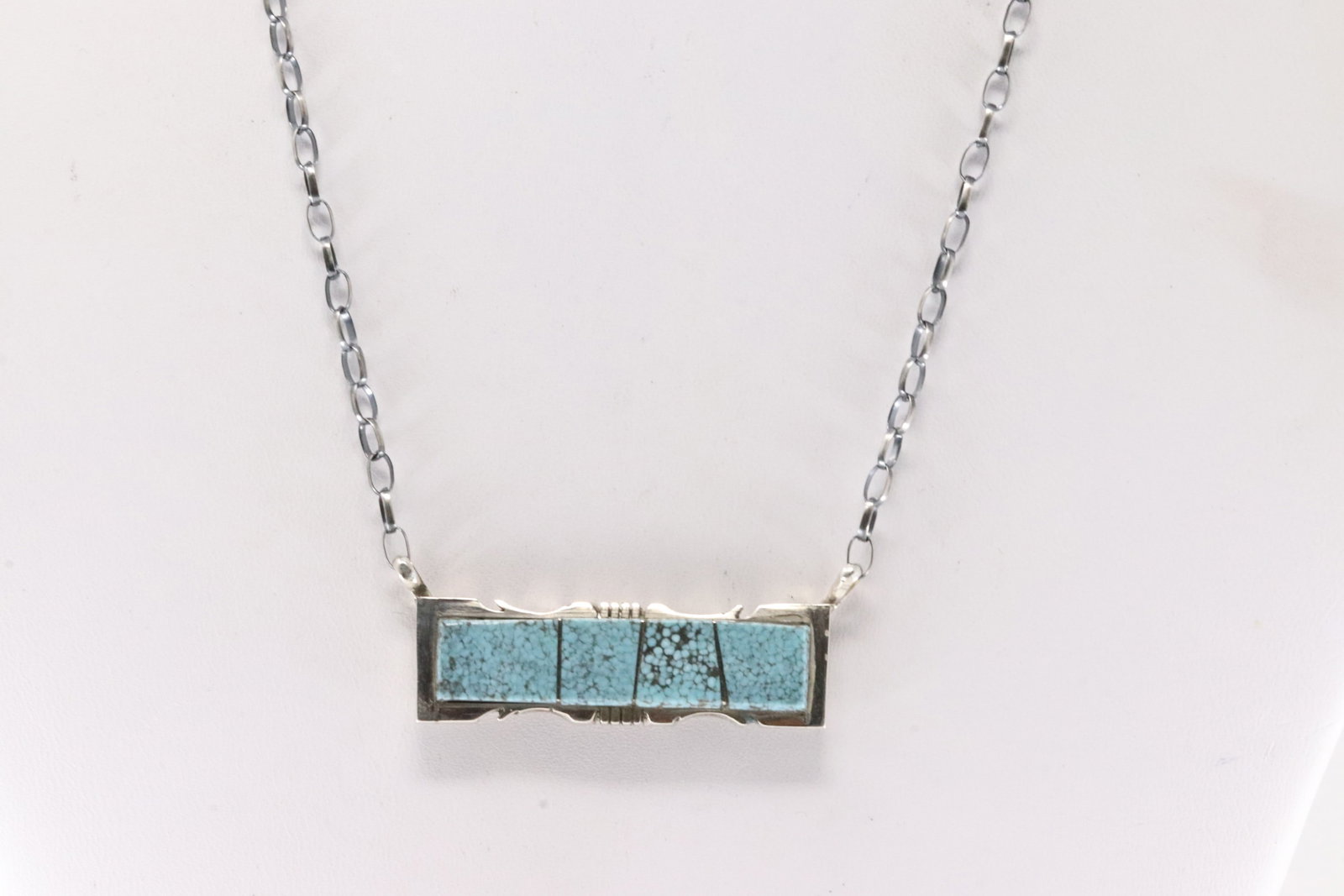 Native America Navajo Sterling Silver Kingman Turquoise Inlay Necklace By Steve Francisco.: This is a Native America Navajo Sterling Silver Kingman Turquoise Inlay Necklace By Steve Francisco. Necklace length: 16.00"
