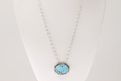 Native America Navajo Sterling Silver Turquoise Necklace By By Leroy Smith.