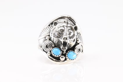 Native America Navajo Sterling Silver Turquoise Ring Bear Design By Jeanette Saunders.