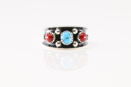 Native America Navajo Sterling Silver Coral & Turquoise Ring By Paul Largo.