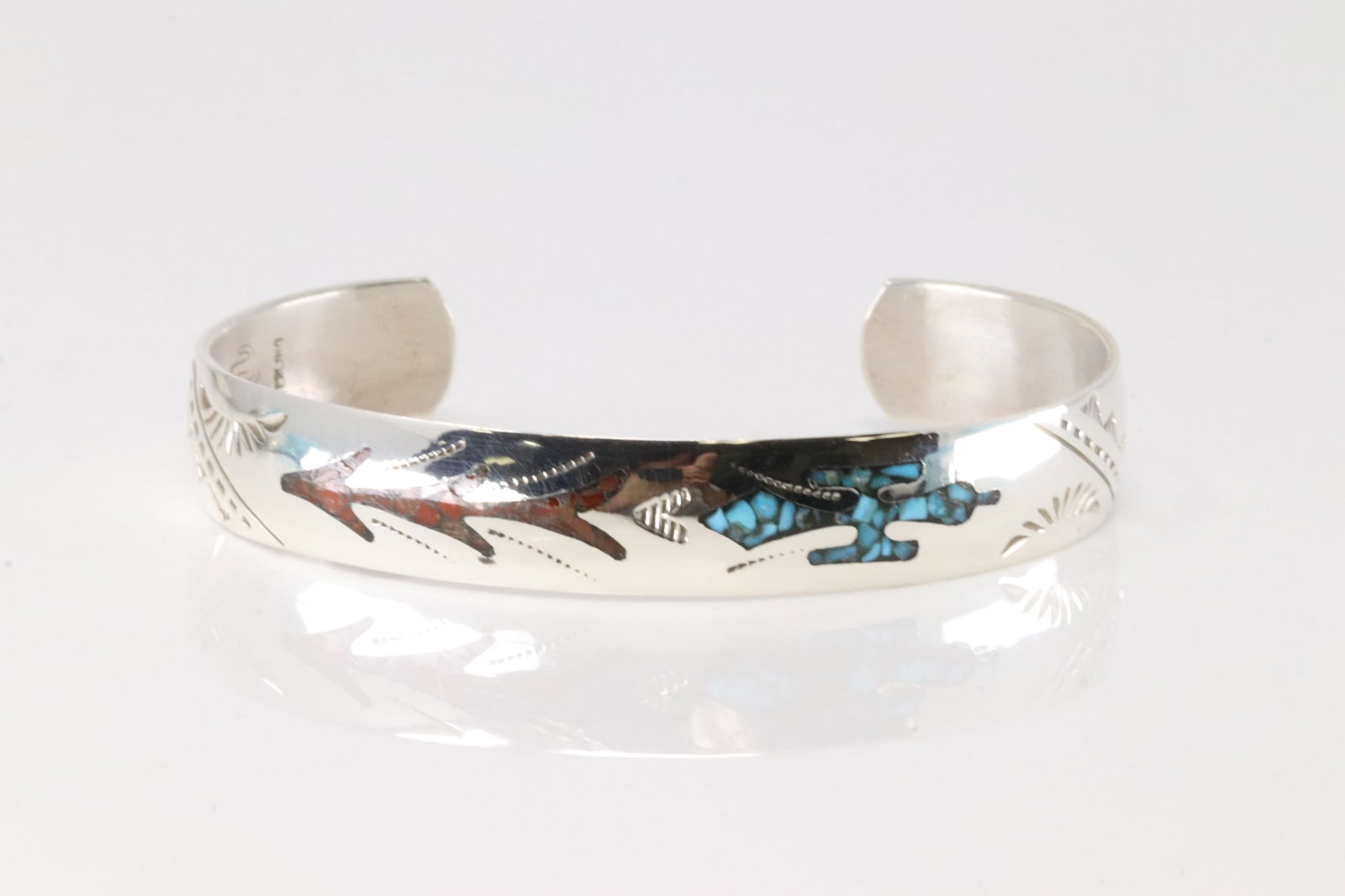 Native America Navajo Sterling Silver Coral & Turquoise Cuff Bracelet By Joleen Yazzie.: This is a Native America Navajo Sterling Silver Coral & Turquoise Cuff Bracelet By Joleen Yazzie.