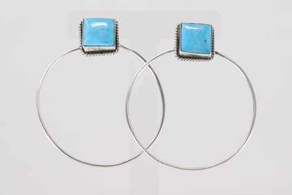 Native America Navajo Sterling Silver Kingman Turquoise Hoop Post Earring's By Elouise Kee.