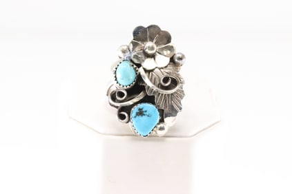 Native America Navajo Sterling Silver Turquoise Ring Floral By J.H.