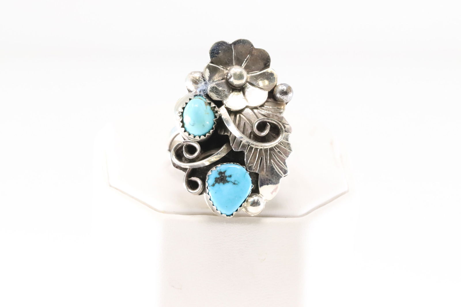 Native America Navajo Sterling Silver Turquoise Ring Floral By J.H. (1 of 4)