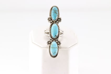 Native America Navajo Sterling Silver Turquoise Ring 3 Stone By R.B.