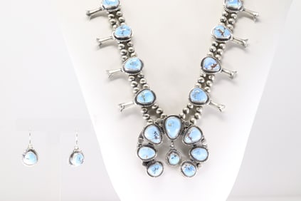 Native America Navajo Sterling Silver Golden Hill Turquoise Squash Blossom Necklace & Earring's Set