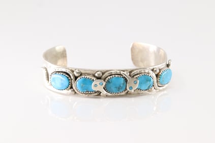 Native America Zuni Sterling Silver Kingman Turquoise Bracelet Cuff By Effie C.