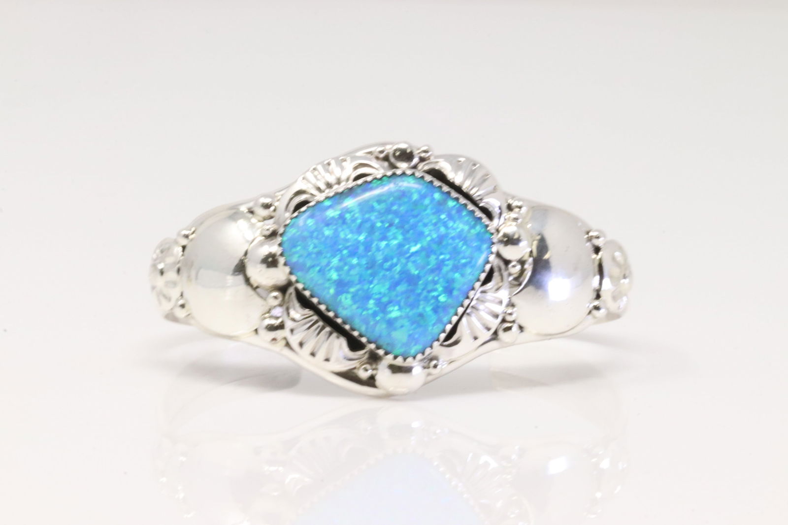 Native America Navajo Sterling Silver Synthetic Opal Bracelet Cuff By Clem Nalwood. (1 of 4)