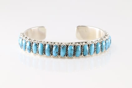Native American Navajo Sterling Silver Kingman Turquoise Bracelet Cuff By Juspert Wilson.