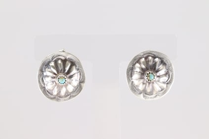 Native American Navajo Sterling Silver Turquoise Post Conch Earring's By Joan Begay.