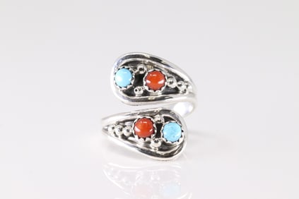 Native America Navajo Sterling Silver Coral & Turquoise Ring By Genevieve Francisco.