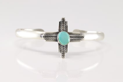 Native America Navajo Sterling Silver Turquoise Cross Bracelet Cuff By Randy Billy.