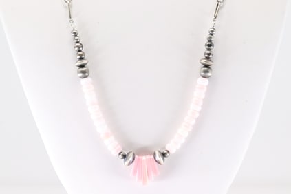 Native American Navajo Sterling Silver Pink Conch Shell / Pearl Beaded Necklace.