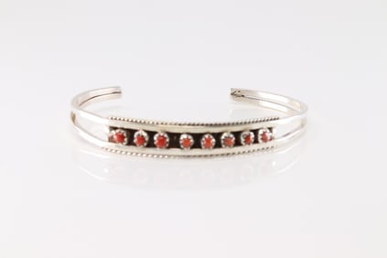 Native American Zuni Sterling Silver Coral Bracelet Cuff By Susie Livingston.