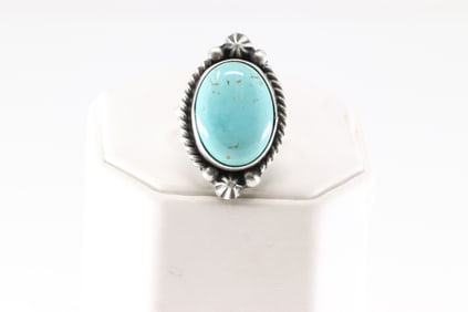 Native America Navajo Sterling Silver Kingman Turquoise Ring By Dixon.