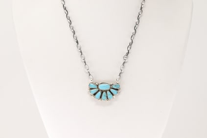 Native America Navajo Sterling Silver Turquoise Kingman Necklace By Alicia Wilson.