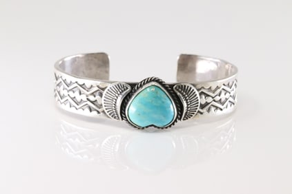 Native America Navajo Sterling Silver Kingman Turquoise Bracelet Cuff By Sunshine Reeves.