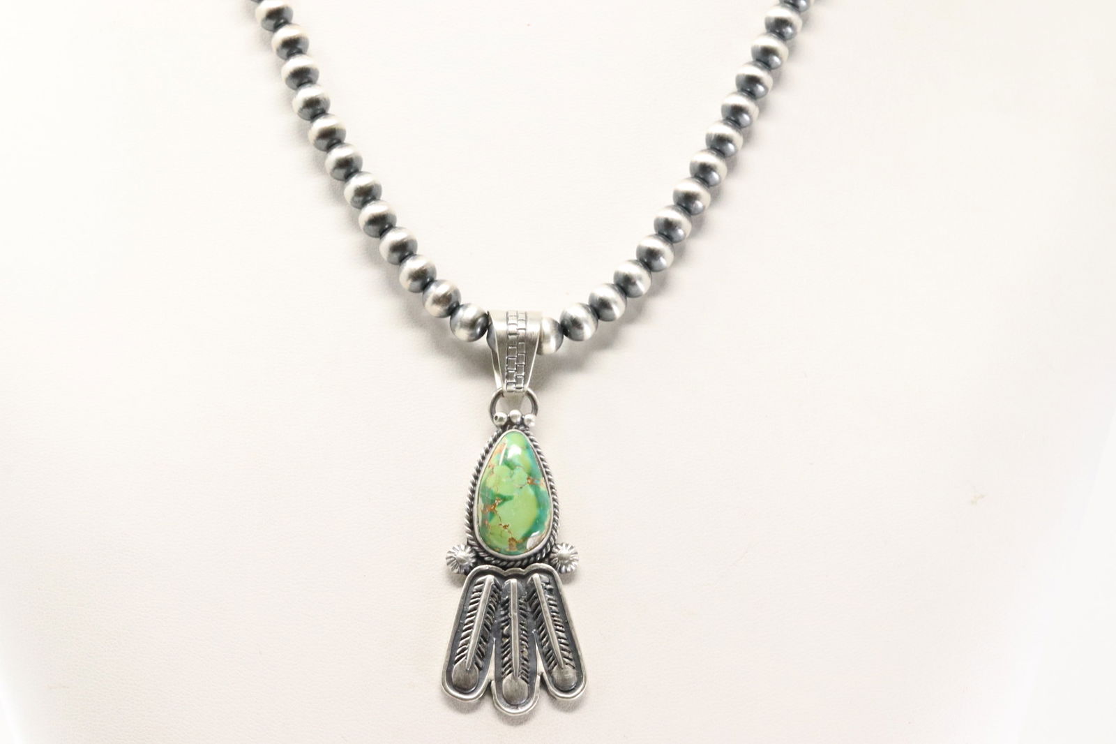 Native America Navajo Sterling Silver Sonora Pendent & Pearl Beaded Necklace By Verley Betone.: This is a Native America Navajo Sterling Silver Sonora Pendent & Pearl Beaded Necklace By Verley Betone. Necklace Length: 18.00".