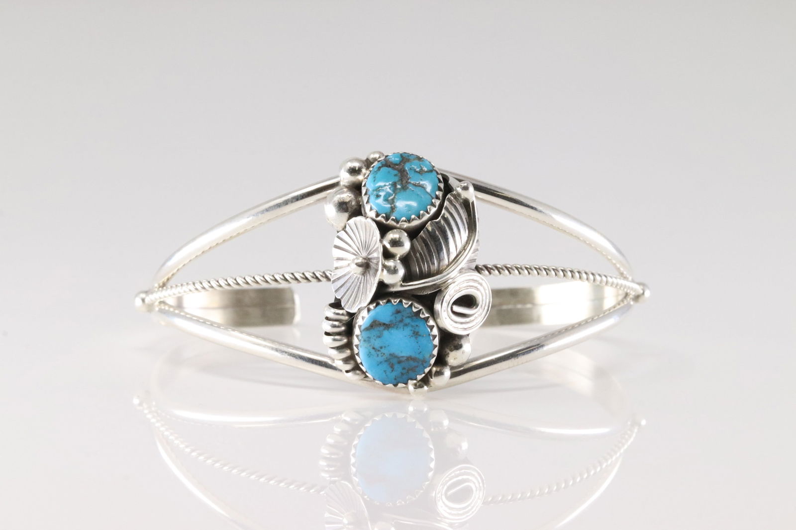 Native America Navajo Sterling Silver Turquoise Bracelet Cuff By Max Calladitto.: This is a Native America Navajo Sterling Silver Turquoise Bracelet Cuff By Max Calladitto.