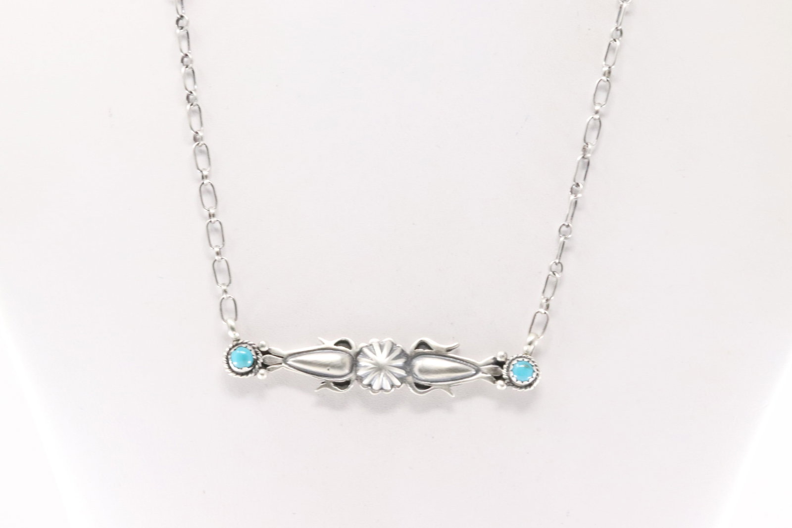 Native America Navajo Sterling Silver Turquoise Necklace By Marita Benally.: This is a Native America Navajo Sterling Silver Turquoise Necklace By Marita Benally. Necklace length: 16.00"
