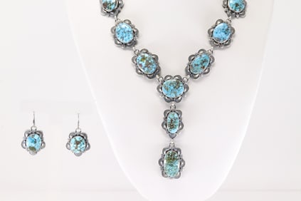 Native America Navajo Sterling Silver Kingman Turquoise Necklace & Earring's Set By Mary Ann.
