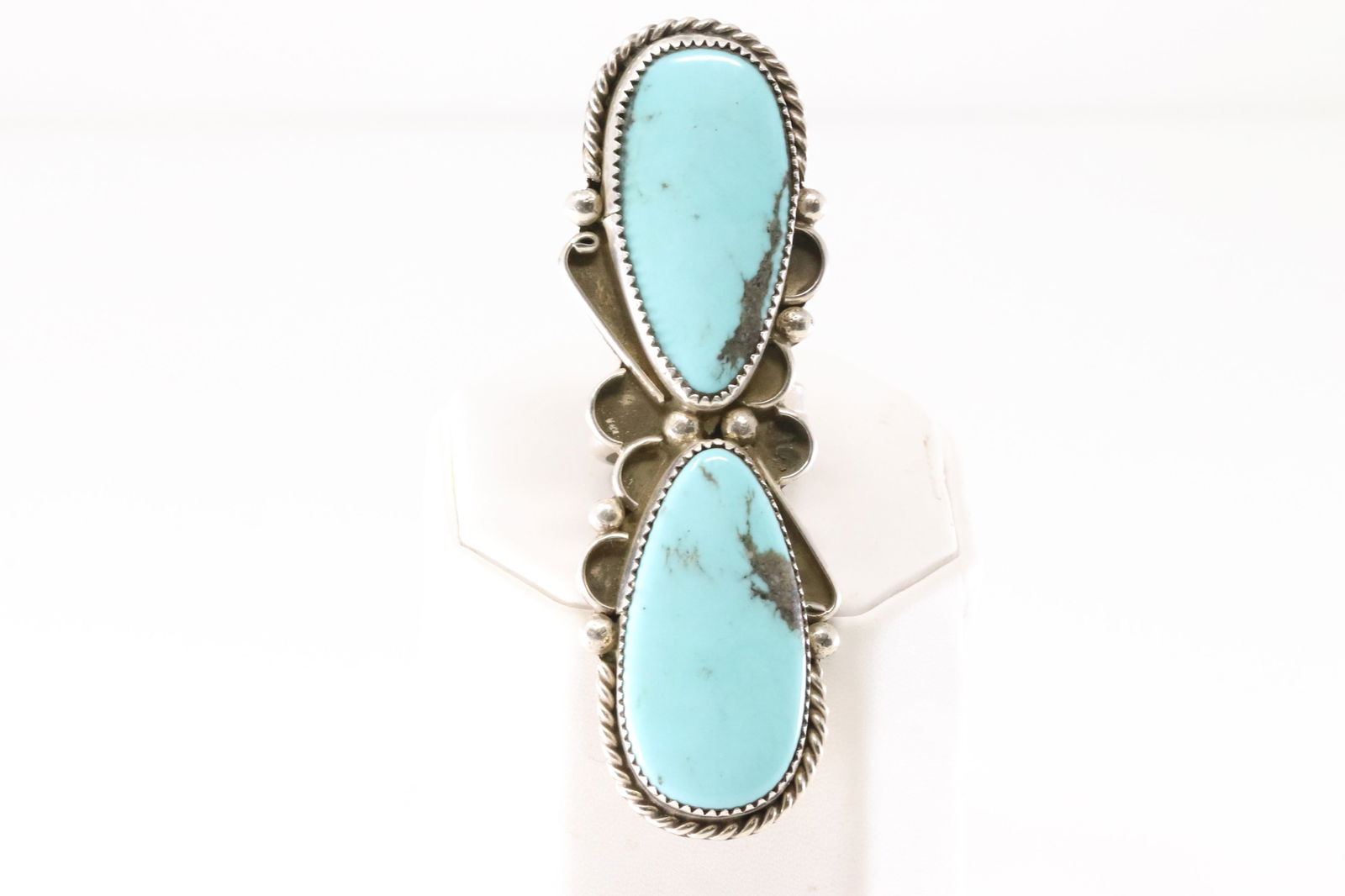Native America Navajo Sterling Silver Kingman Turquoise 2 Stone Ring By V.H. (1 of 5)
