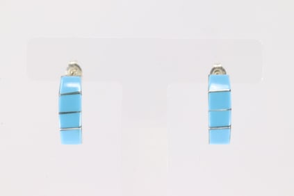 Native America navajo Sterling Silver Turquoise Hoop Earring's Inlay By Gilbert Kanesta.