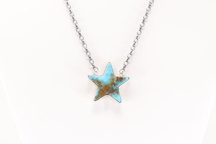 Native America Navajo Sterling Silver Kingman Turquoise Star Necklace By Johnny Dixon.