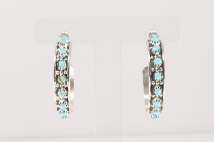 Native America Zuni Sterling Silver Turquoise Hoop Earring's By Joan Cheama.