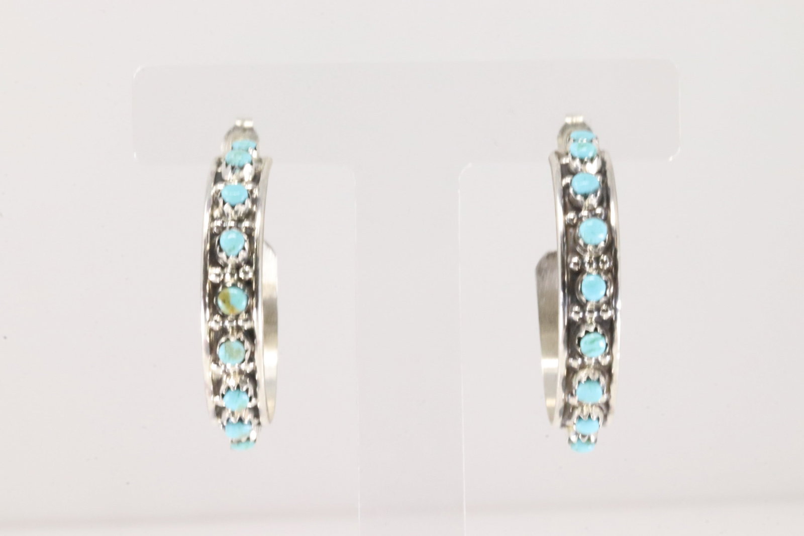 Native America Zuni Sterling Silver Turquoise Hoop Earring's By Joan Cheama.: Thisis a Native America Zuni Sterling Silver Turquoise Hoop Earring's By Joan Cheama.