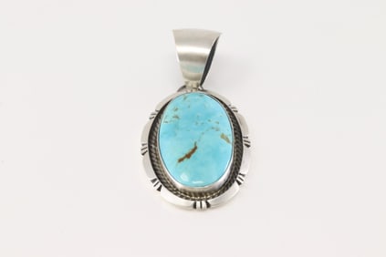 Native America Navajo Sterling Silver Kingman Turquoise Pendant By Alfred Martinez.