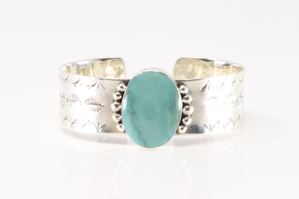 Native America Navajo Sterling Silver Kingman Turquoise Bracelet Cuff By Daniel Dakai.
