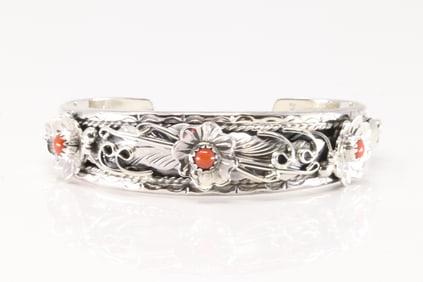Native America Navajo Sterling Silver Coral Bracelet Floral Cuff By Bessie Joe.