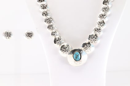 Native America Navajo Sterling Silver Turquoise / Stamped Beaded Necklace & Earring's Set By Carol