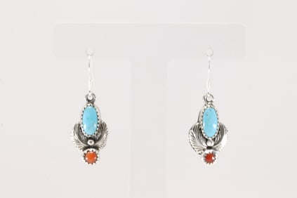 Native America Navajo Sterling Silver Coral & Turquoise Dangling Earring's By Robert Martinez.