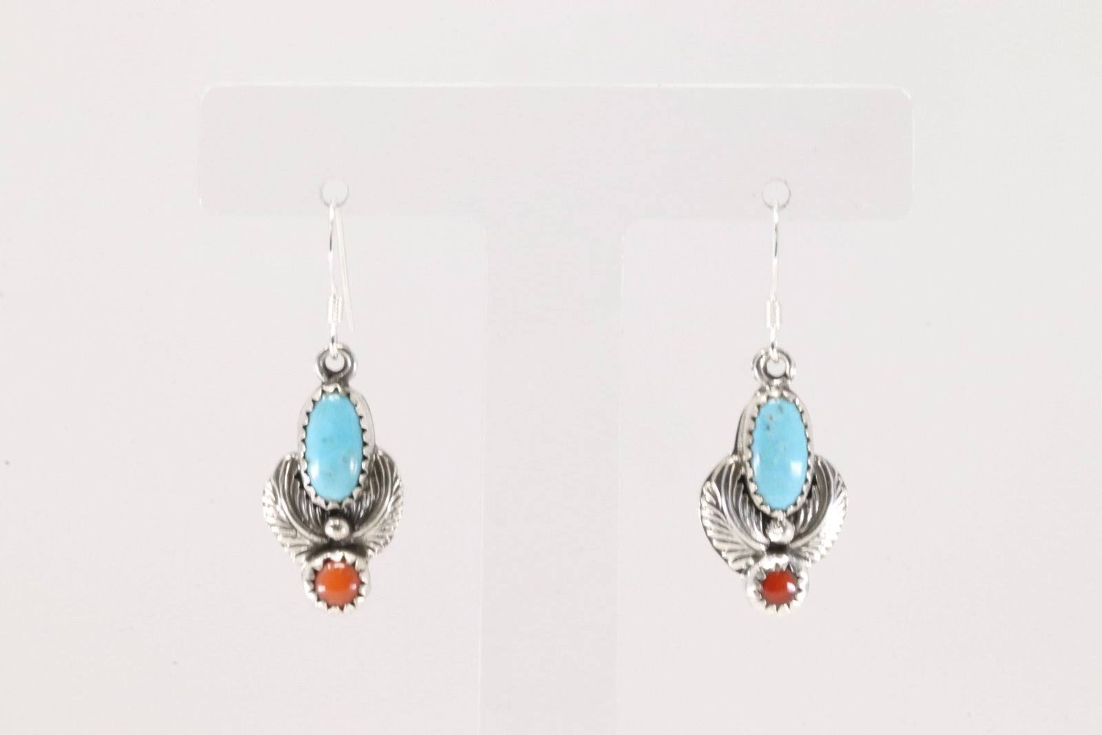 Native America Navajo Sterling Silver Coral & Turquoise Dangling Earring's By Robert Martinez.: This is a Native America Navajo Sterling Silver Coral & Turquoise Dangling Earring's By Robert Martinez.
