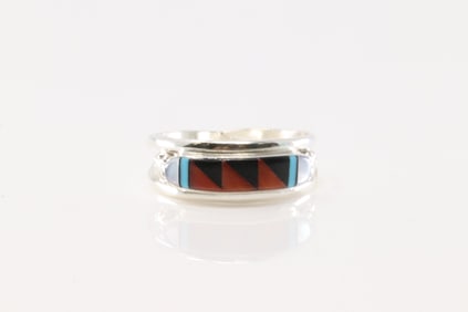 Native America Zuni Sterling Silver Multi-Color Inlay Ring By Joseph / Janice Cheama.