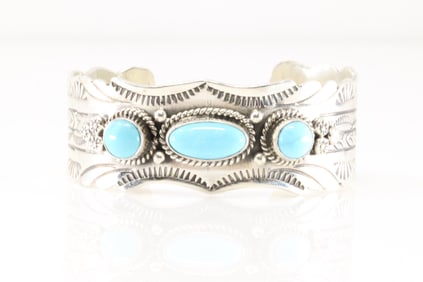 Native America Navajo Sterling Silver Kingman Turquoise Bracelet Cuff By Charlene Yazzie.