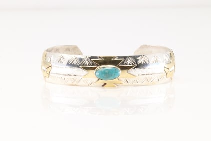 Native America Navajo Sterling Silver Turquoise Bracelet Cuff By G.J.