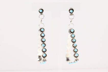Native America Zuni Sterling Silver Kingman Turquoise Post / Dangling Earrring's By Joan Cheama.