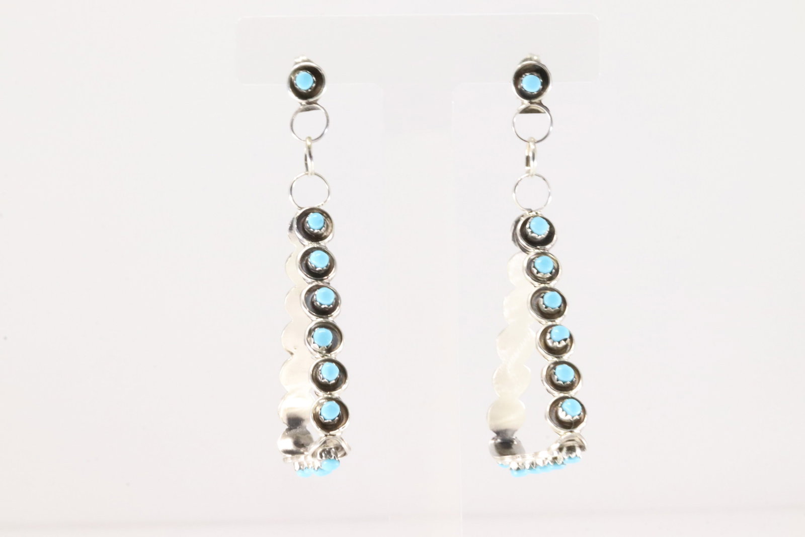 Native America Zuni Sterling Silver Kingman Turquoise Post / Dangling Earrring's By Joan Cheama.: This is a Native America Zuni Sterling Silver Kingman Turquoise Post / Dangling Earrring's By Joan Cheama.